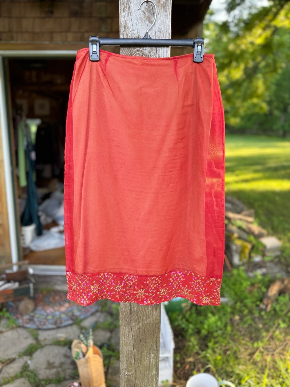 VTG Anthropologie 100% Silk Overlay Skirt with Hand-Embroidered Boho Hem